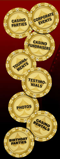 casino parties, casino fundraisers, poker tournaments, corporate events, testimonialss, casino rentals, birthday parties, casino party photos